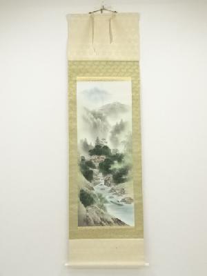 梅月筆　彩色山水　肉筆絹本掛軸